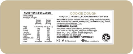 Nutrition label and ingredient list of Fibre Boost Cold Pressed Cookie Dough protein bar