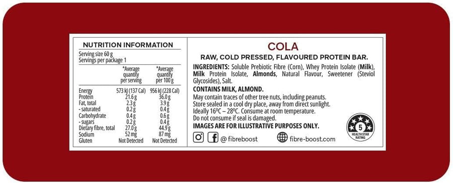 Nutrition label and ingredients list for a Cola-flavored protein bar on a red background
