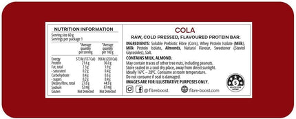 Nutrition label and ingredients list for a Cola-flavored protein bar on a red background