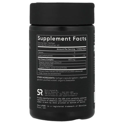 Supplement facts panel for Sports Research Tart Cherry Fruit Complex showing 800mg complex with olive oil and cherry juice concentrate