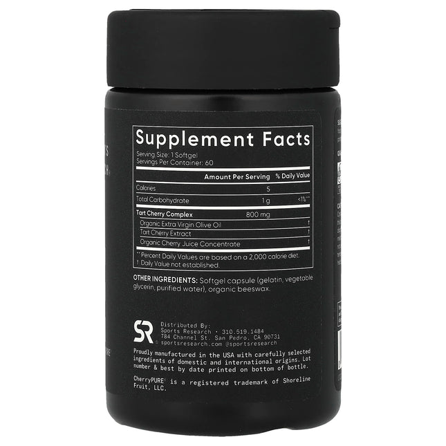 Supplement facts panel for Sports Research Tart Cherry Fruit Complex showing 800mg complex with olive oil and cherry juice concentrate
