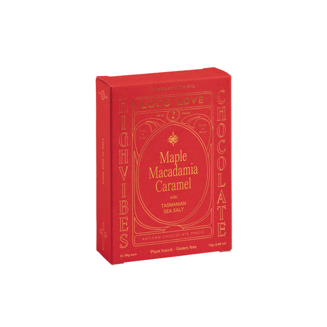 Loco Love Maple Macadamia Caramel twin pack box with two 35g vegan macadamia caramel chocolate bars