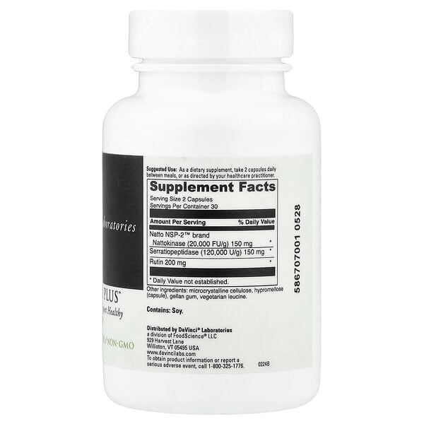 DaVinci Nattokinase Plus supplement facts and bottle packaging