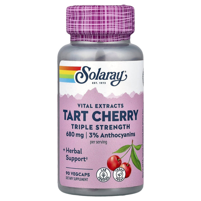 Solaray Vital Extracts Tart Cherry Triple Strength vegan capsule bottle, 680mg with 3% anthocyanins, 90 vegcaps