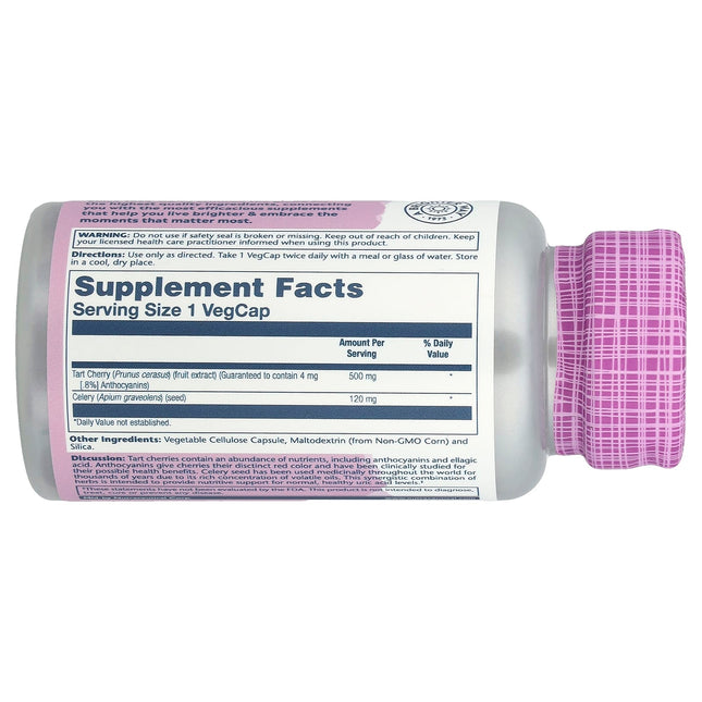 Supplement facts panel for Solaray Tart Cherry Celery Seed showing 500mg tart cherry extract and 120mg celery seed per capsule