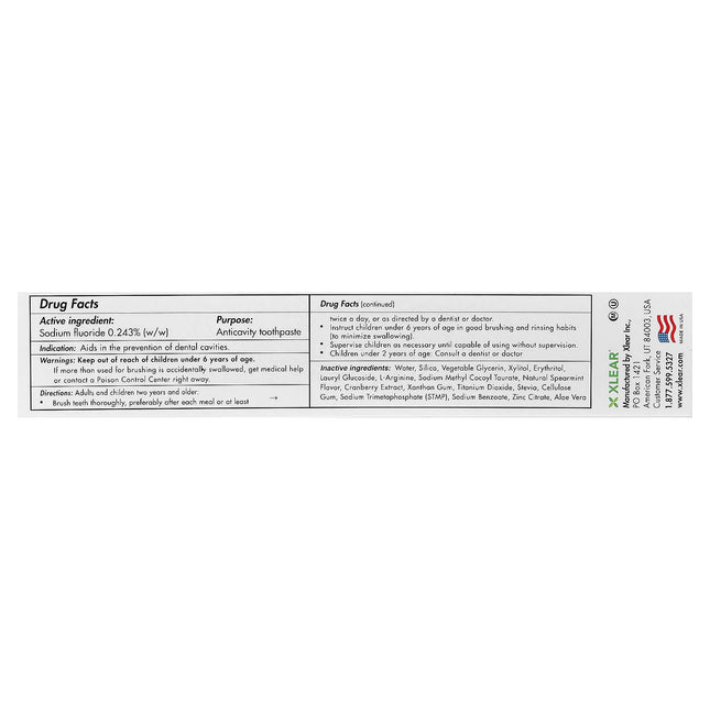Xlear Spry Toothpaste, Anti-Cavity with Fluoride, Spearmint - ingredient label