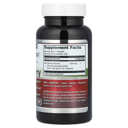 Supplement facts panel for Amazing Nutrition Tart Cherry showing 100mg 10:1 extract equivalent to 1000mg tart cherry
