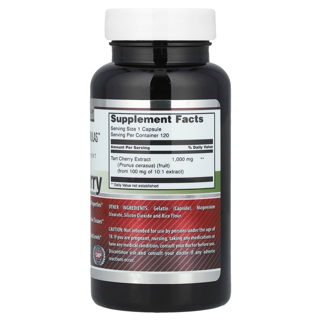 Supplement facts panel for Amazing Nutrition Tart Cherry showing 100mg 10:1 extract equivalent to 1000mg tart cherry