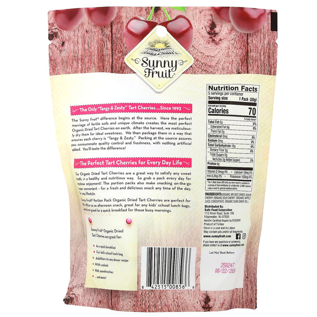 Sunny Fruit Organic Dried Tart Cherries 5 Portion Packs - nutrition facts label