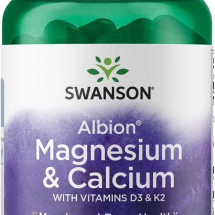 Swanson Albion Magnesium & Calcium supplement bottle on a white background