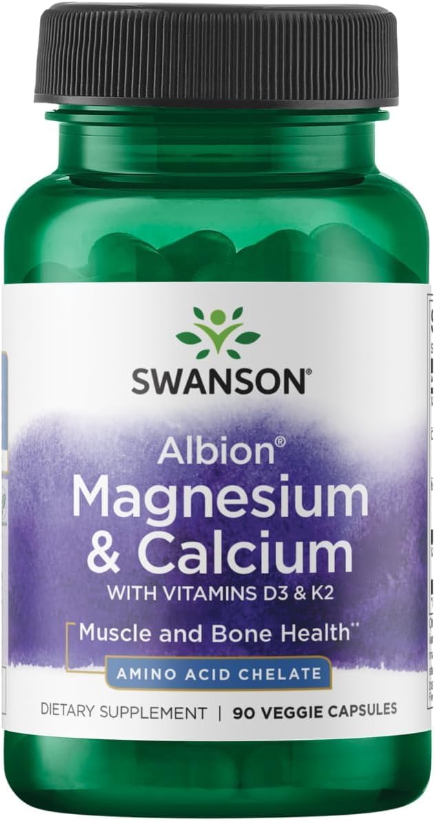 Swanson Albion Magnesium & Calcium supplement bottle on a white background