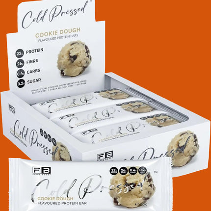 Box of Fibre Boost Cold Pressed Cookie Dough protein bars with packaging on a white background