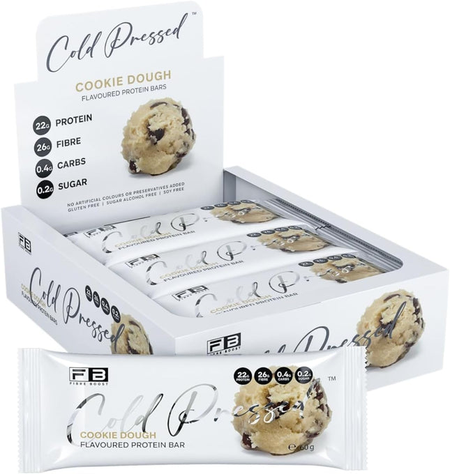 Box of Fibre Boost Cold Pressed Cookie Dough protein bars with packaging on a white background