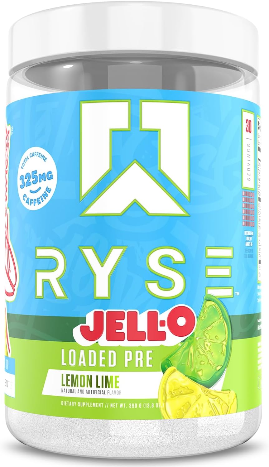 RYS Jello Loaded Pre supplement container with lemon lime flavor on a white background