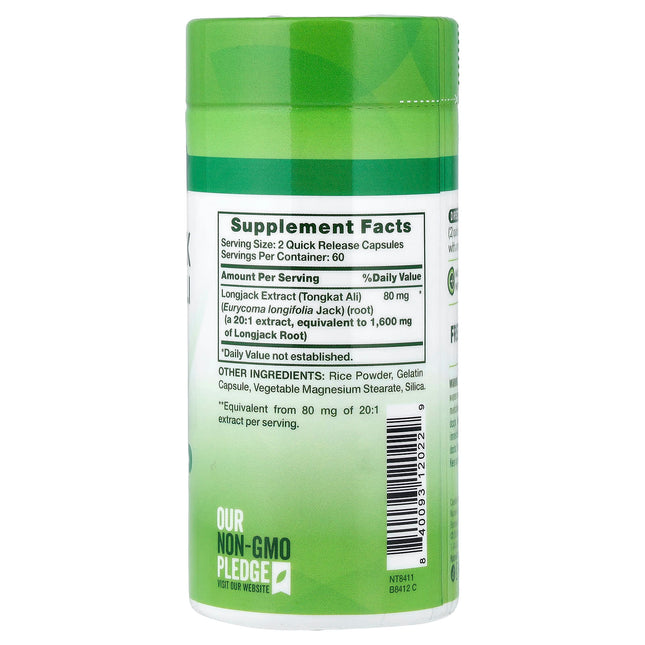 Nature's Truth Longjack Tongkat Ali supplement facts panel showing 80mg 20:1 extract per two capsules