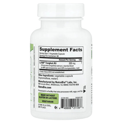 NutraBio Tongkat Ali supplement facts panel showing 200mg LJ100 standardized extract per capsule