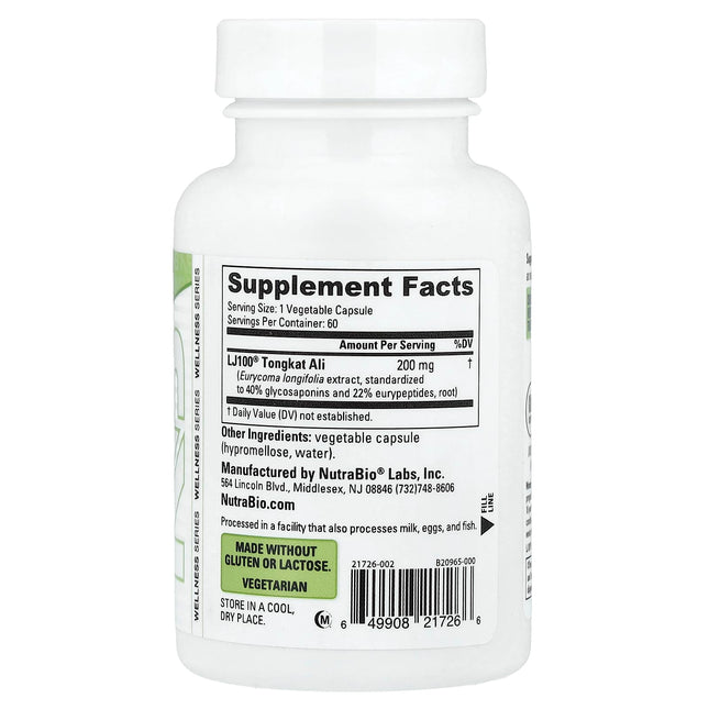 NutraBio Tongkat Ali supplement facts panel showing 200mg LJ100 standardized extract per capsule