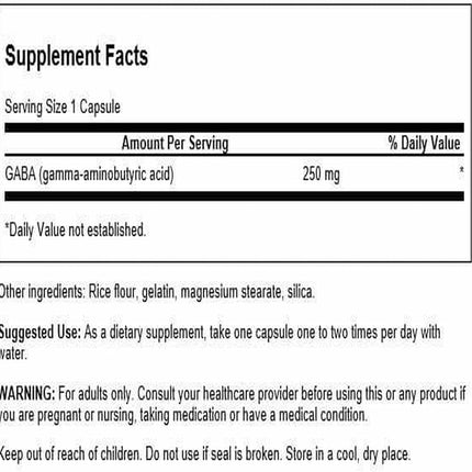 Supplement facts label for a Swanson GABA supplement capsule with serving size, amount per serving, and usage instructions.