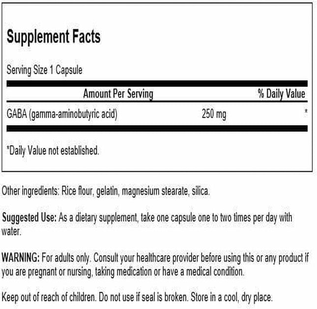 Supplement facts label for a Swanson GABA supplement capsule with serving size, amount per serving, and usage instructions.