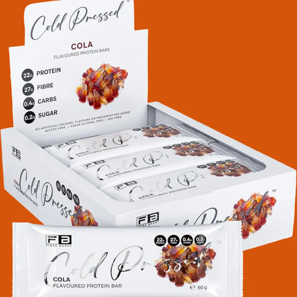 Box of Cold Pressed cola-flavoured protein bars with packaging details.
