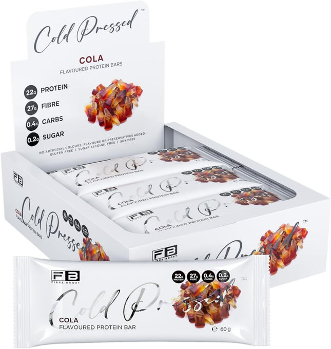 Box of Cold Pressed cola-flavoured protein bars with packaging details.