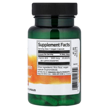 Swanson Vitamin B12, 500 mcg, 100 Vegan Capsules
