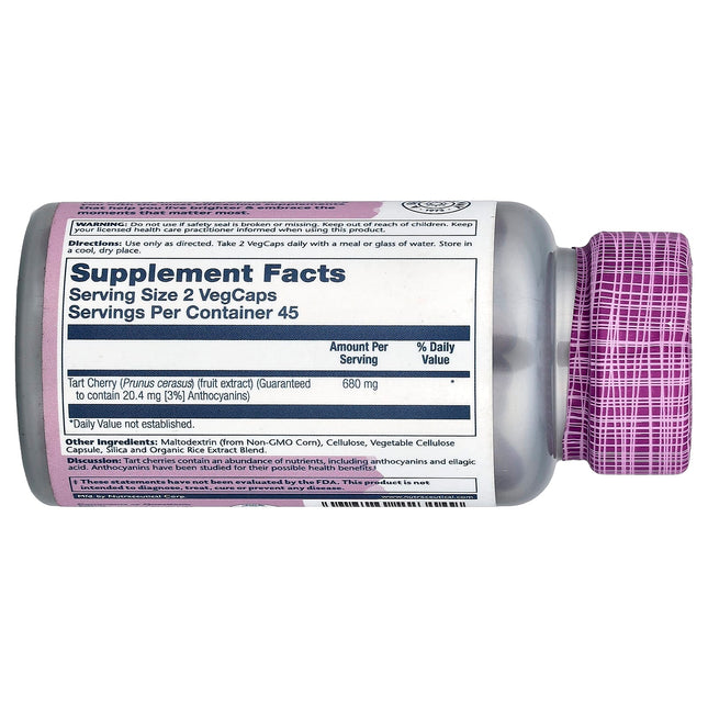 Supplement facts panel for Solaray Tart Cherry Triple Strength showing guaranteed 3% anthocyanin content per serving