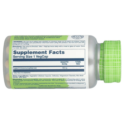 Solaray Tongkat Ali supplement facts panel showing 400mg Eurycoma longifolia root per capsule