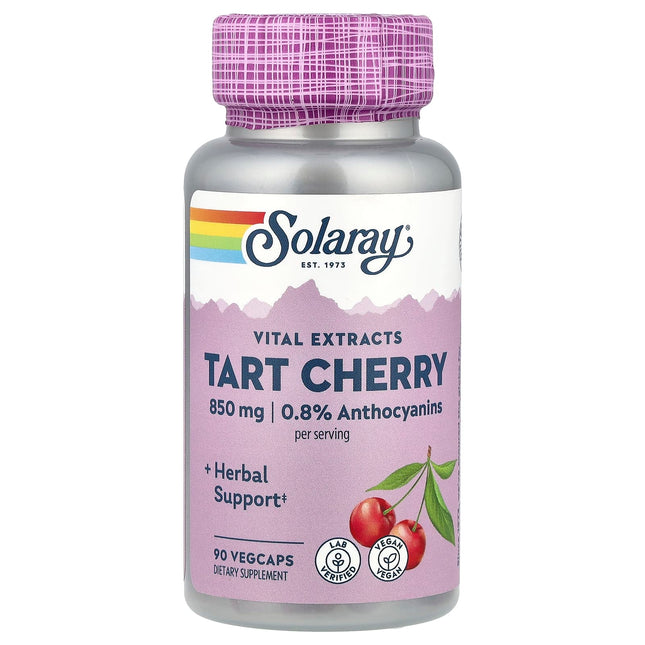 Solaray Vital Extracts Tart Cherry vegan capsule bottle, 850mg with 0.8% anthocyanins, 90 vegcaps
