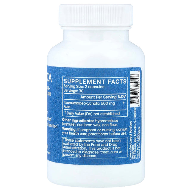 Supplement Facts panel for BodyBio TUDCA showing 500mg per serving and vegan ingredients