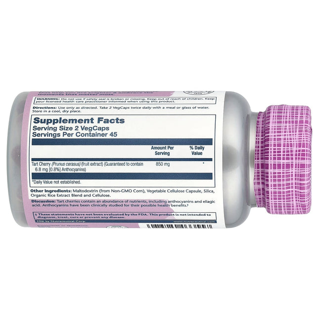Supplement facts panel for Solaray Tart Cherry 425mg VegCaps showing guaranteed 0.8% anthocyanin content per serving