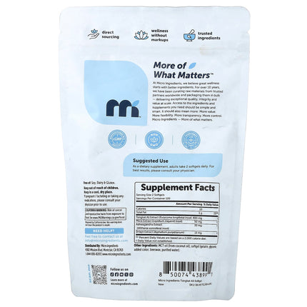 Micro Ingredients Tongkat Ali+ supplement facts panel showing Tongkat Ali, Maca, Shilajit and Ashwagandha per serving