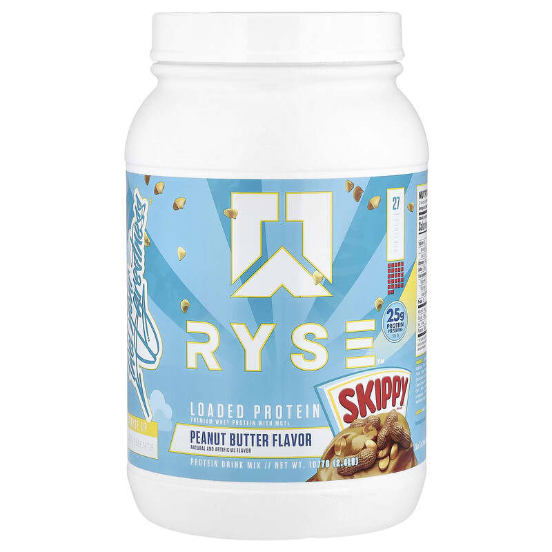 Ryse Loaded Protein Skippy peanut butter flavor container on a white background