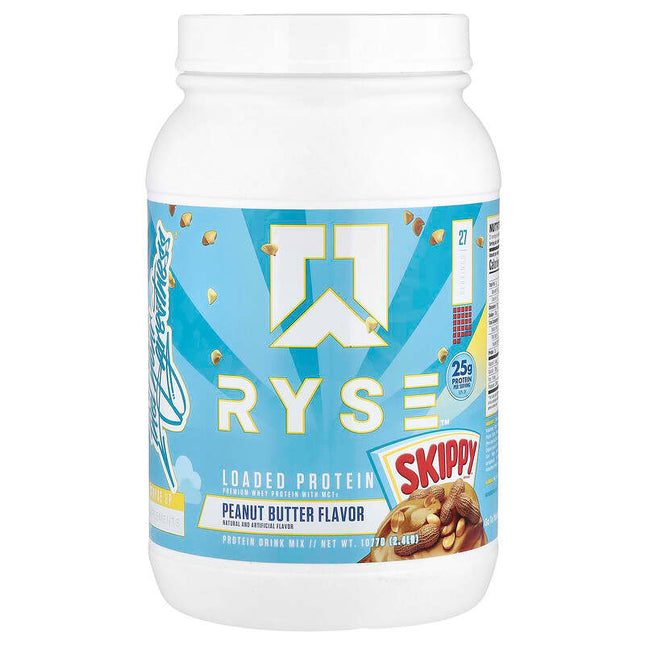 Ryse Loaded Protein Skippy peanut butter flavor container on a white background
