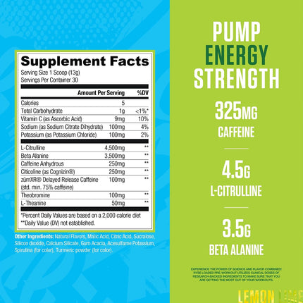 Supplement label with caffeine, L-citrulline, and beta alanine on a blue and green background