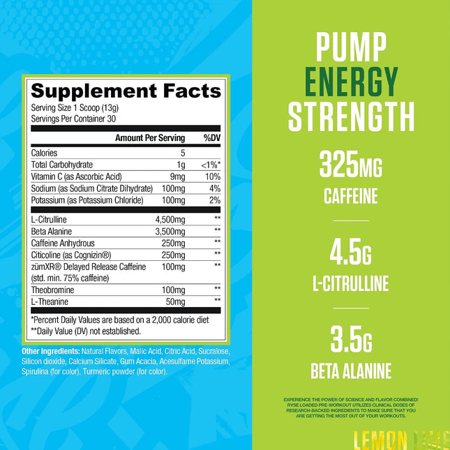 Supplement label with caffeine, L-citrulline, and beta alanine on a blue and green background