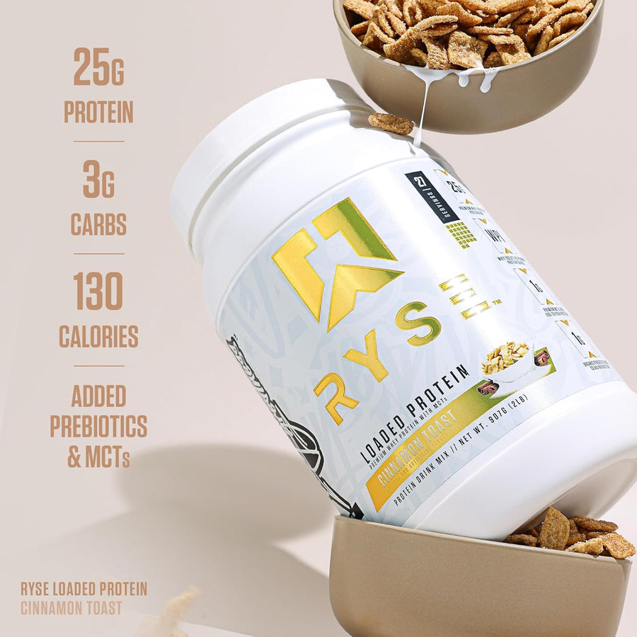 Ryse Loaded Protein container with nutritional information and cinnamon toast flavor text.