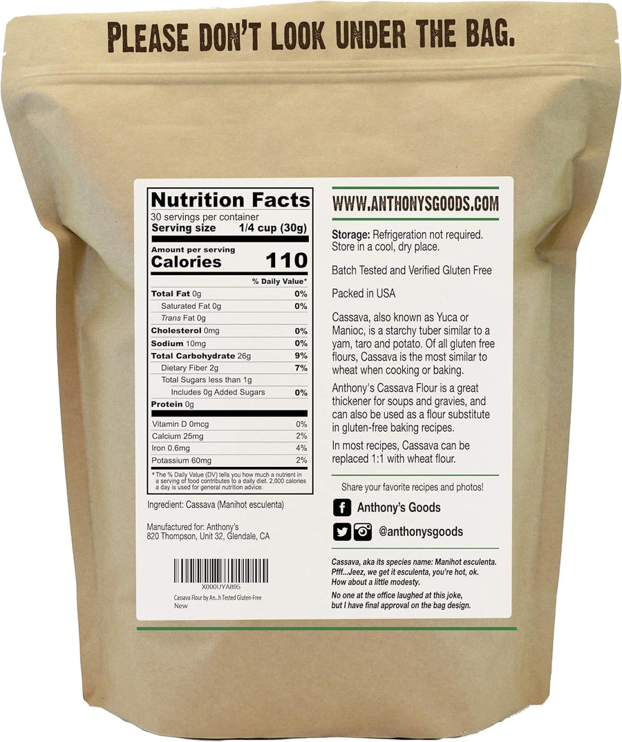 Close-up of Anthony's Cassava Flour highlighting gluten-free label