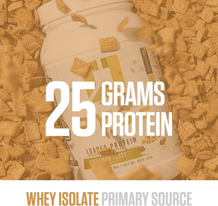 Protein powder container with 25 grams of protein highlighted, surrounded by protein powder pieces.
