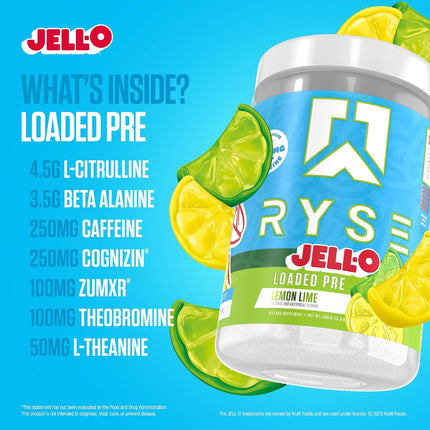Jell-O Loaded Pre supplement container with lemon and lime slices on a blue background