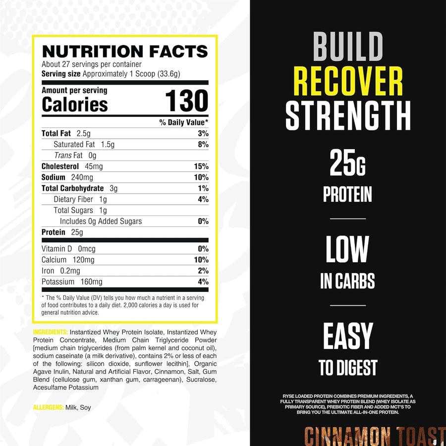 Nutrition facts label and promotional text for a protein product on a white and black background.
