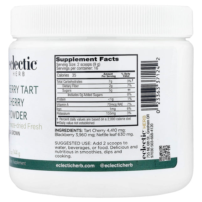 Supplement facts panel for Eclectic Herb Berry Tart Cherry Powder listing tart cherry, blackberry and nettle leaf ingredients per serve