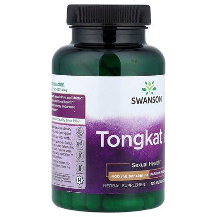 Swanson Vitamins Tongkat Ali supplement facts panel showing 800mg Eurycoma longifolia Jack root per 2 capsule serving