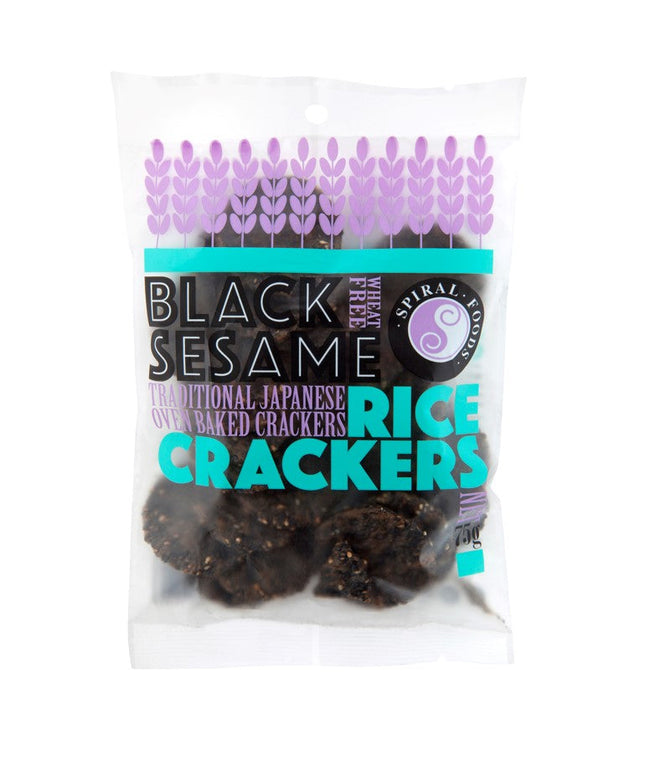 Spiral Foods black sesame crackers 75g pack on display