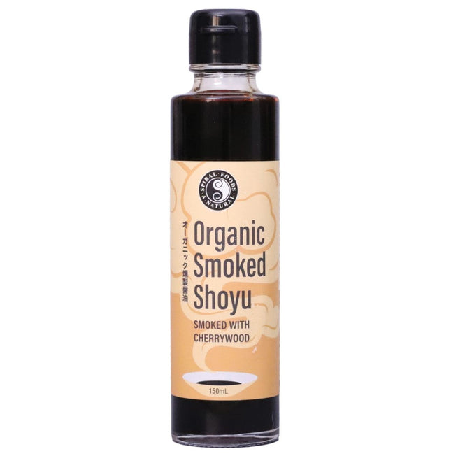 Spiral Foods smoked shoyu 150ml bottle on white background