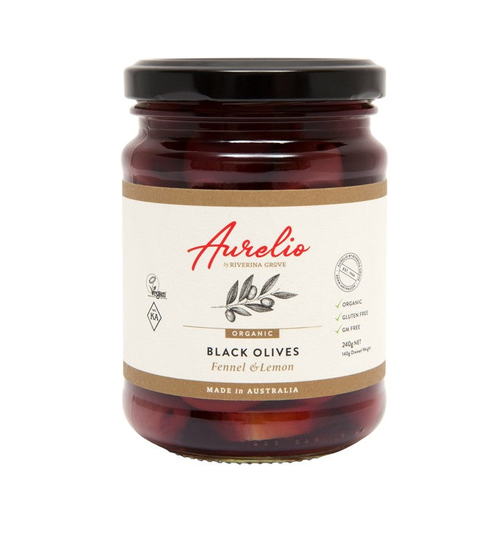 Aurelio Organic Black Olives Fennel/Lemon 240G