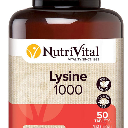 NutriVital Lysine 1000mg supplement bottle with label