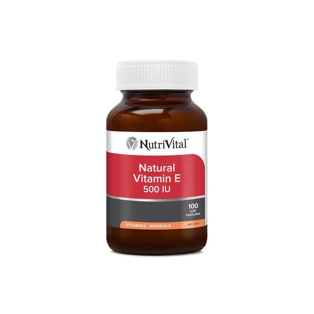NutriVital Vitamin E 500IU capsules in a clear bottle