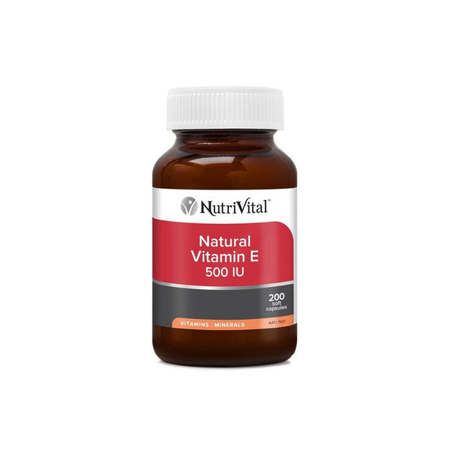 NutriVital Vitamin E 500IU capsules in a bottle