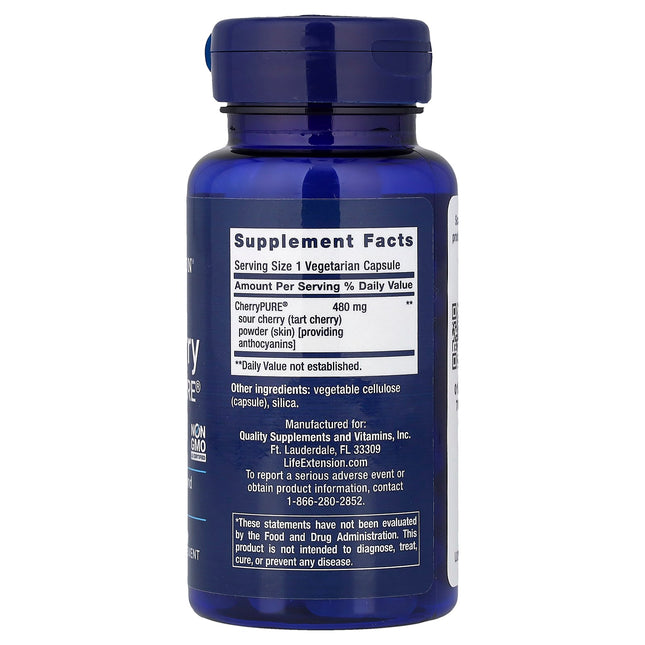 Supplement facts panel for Life Extension Tart Cherry with CherryPURE showing 480mg sour cherry skin powder per capsule